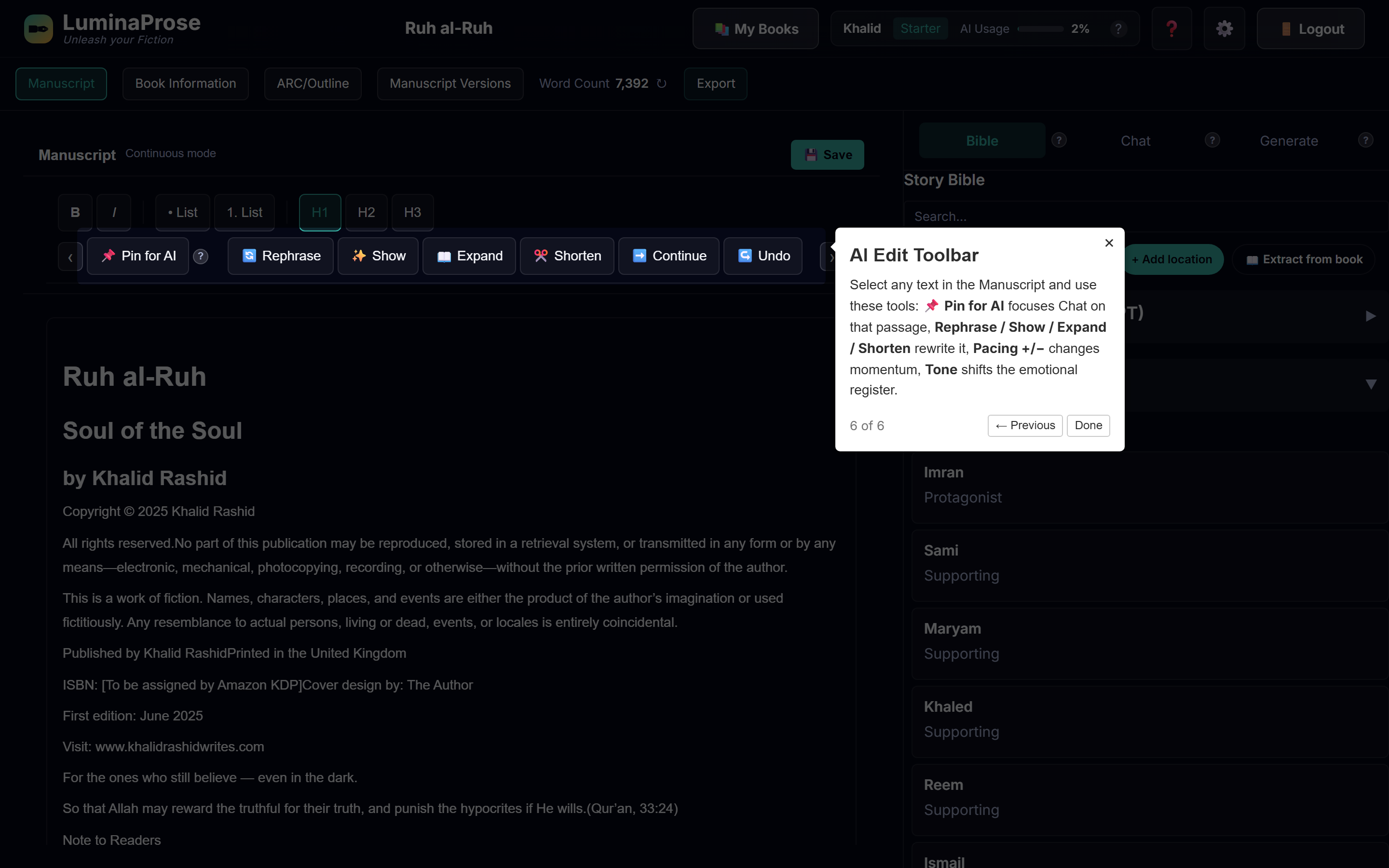 LuminaProse writer interface — step 6
